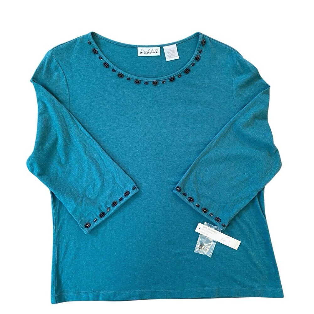Birch Hill Teal 3/4 Sleeve Beaded Garden Jewels Top Women L Classic Casual Chic